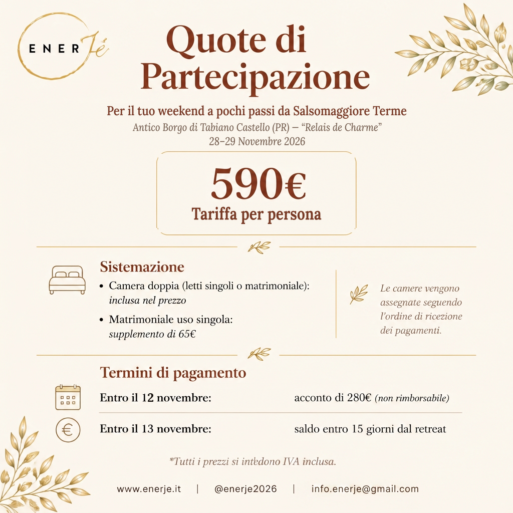 Pagina 4 della brochure ENERJè: quote di partecipazione, tariffa Early Bird 545 euro e standard 590 euro, sistemazione e termini di pagamento