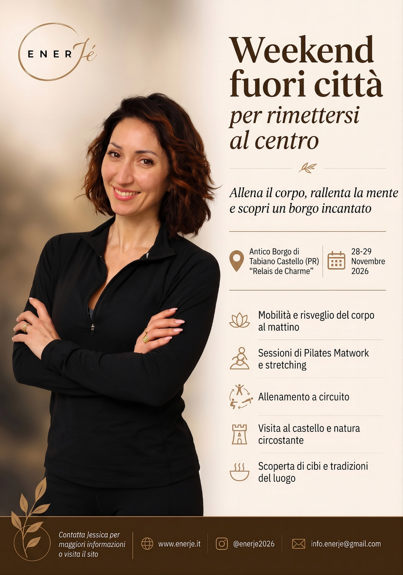 Pagina 1 della brochure ENERJè: weekend fuori città all'Antico Borgo di Tabiano Castello, 28-29 novembre 2026