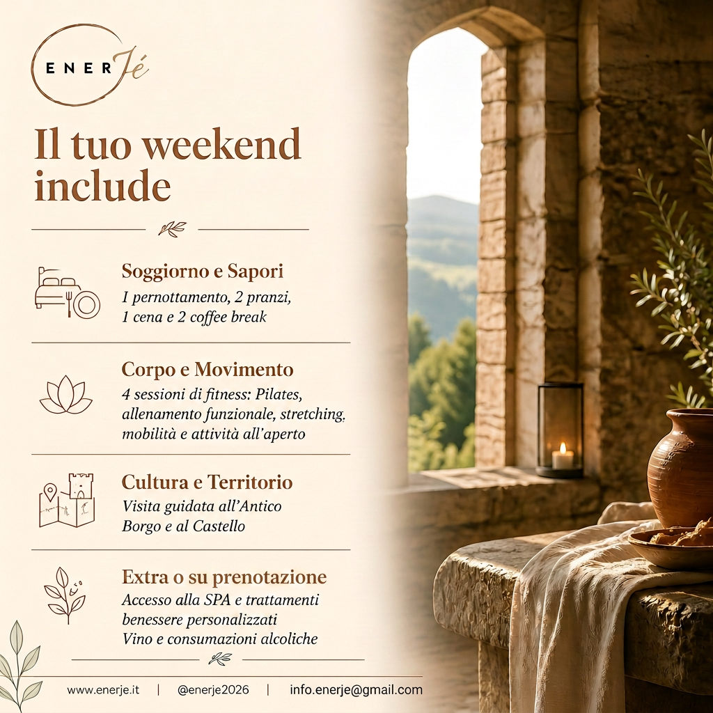 Pagina 2 della brochure ENERJè: soggiorno e sapori, corpo e movimento, cultura e territorio, extra su prenotazione