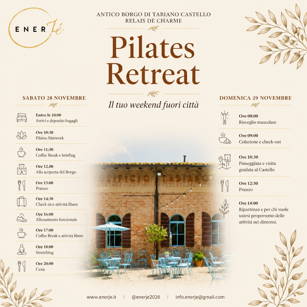 Pagina 3 della brochure ENERJè: programma del Pilates Retreat di sabato 28 e domenica 29 novembre, dal Pilates Matwork alla visita guidata al Castello